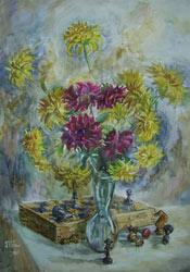 Flowers and chess pieces. 2001. Watercolour on paper. 43 x 61 cm. Private collection.