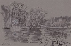 At the lake (Schlachtensee 4). 2013. Watercolour, chalk on paper. 27 x 17,7 cm.