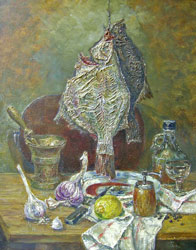 Still life with a flounder. 2003. Oil on canvas. 40 x 50 cm. Private collection.