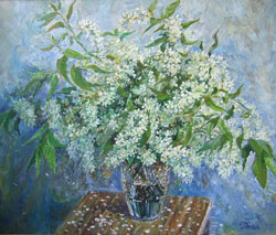 Traubenkirschenblüten. 2004. Öl auf Leinwand. 60 x 50 cm. Privatsammlung.