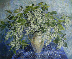 Traubenkirschenblüten. 2008. Öl auf Leinwand. 55 x 45 cm. Privatsammlung.