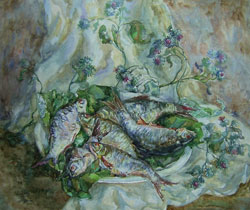 Still life with fish. 2000. Watercolour on paper. 51 x 43 cm.