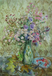 Herbstblumenstrauß mit Fächer. 2001. Aquarell auf Papier. 42 x 60 cm. Nicht zum Verkauf.