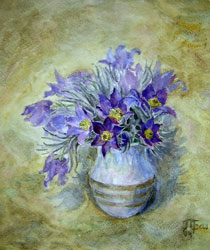 Bouquet of pasque flowers. 2004. Watercolour on paper. 21 x 25 cm.