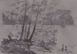 At the lake (Schlachtensee 8). 2013. Watercolour, chalk on paper. 29,7 x 20,9 cm.